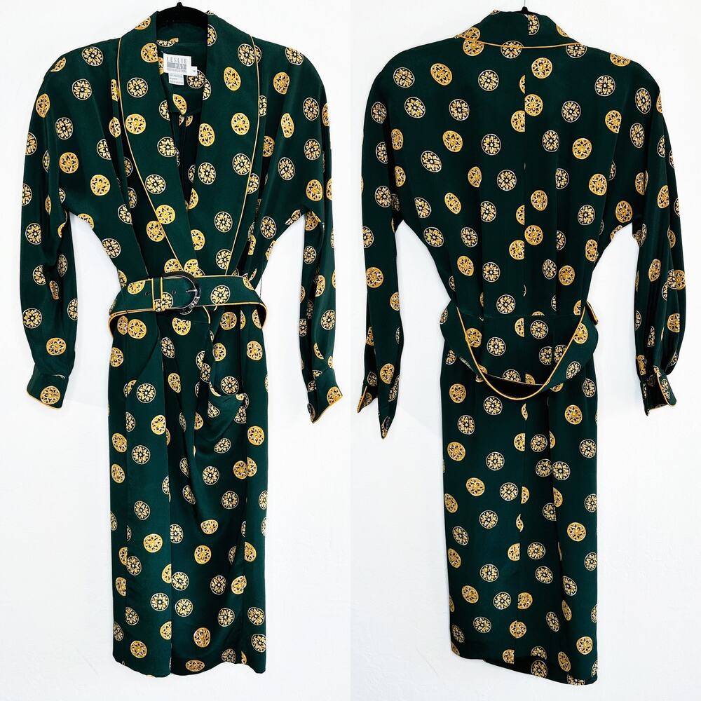 Vintage Leslie Fay Long Sleeve Printed Belted Faux Wrap Midi Dress 4 Petite